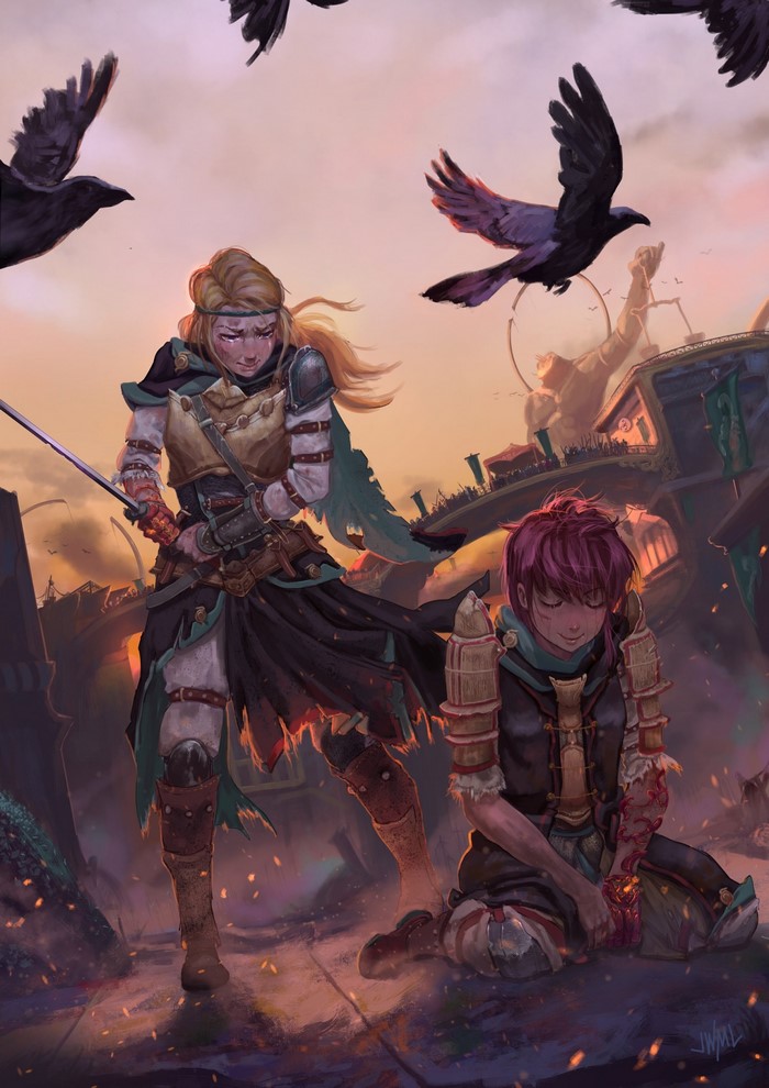 Fantasy warriors with swords and crows in a ruined city