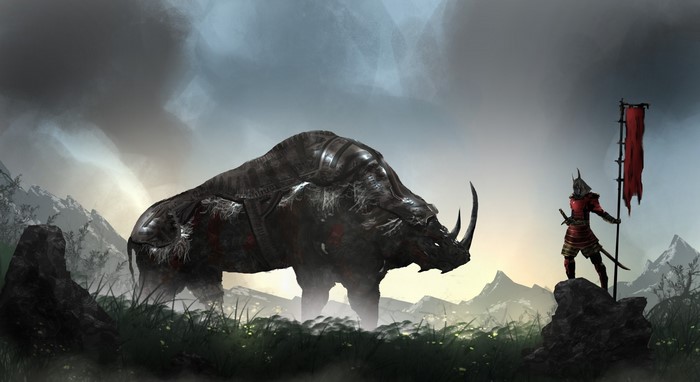 Fantasy warrior with flag facing armored rhinoceros