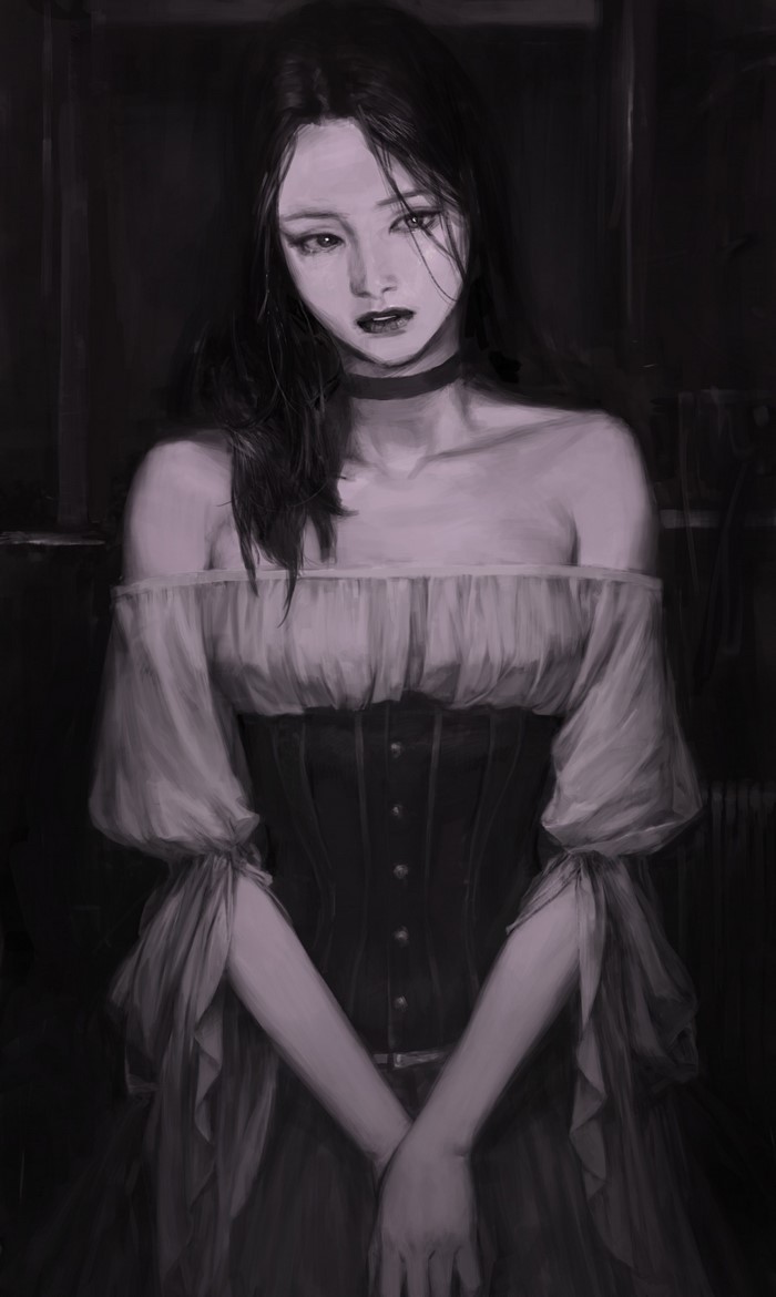 Monochrome portrait of a woman in a corset and off-the-shoulder dress