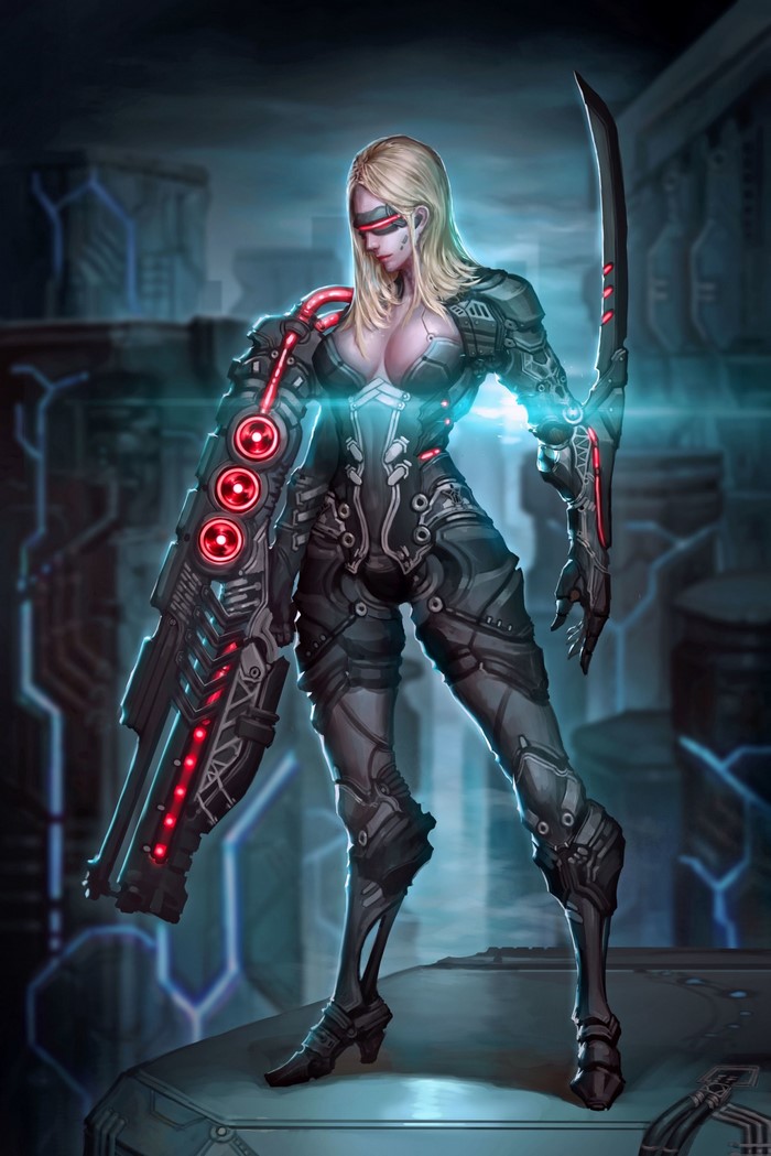 Futuristic warrior with cybernetic arm and sword