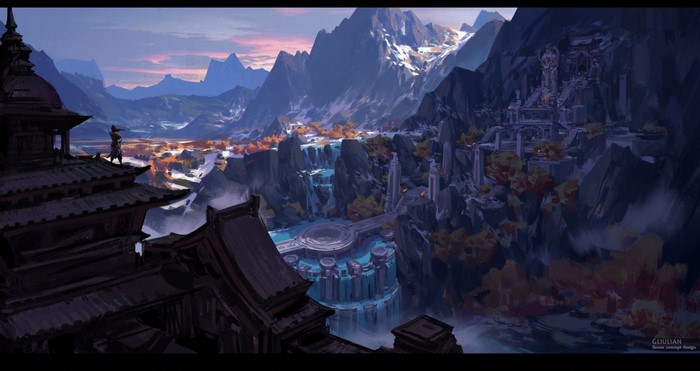 Fantasy landscape with waterfalls and ancient ruins