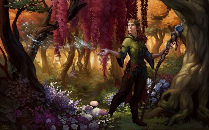 Elf mage casting magic in a mystical forest