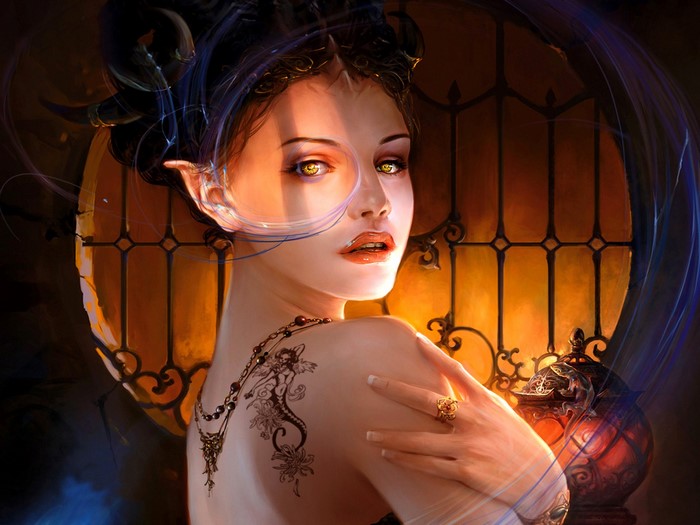 Fantasy woman with tattoo and jewelry