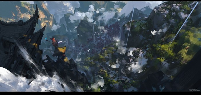 Fantasy landscape with a character on a cliff