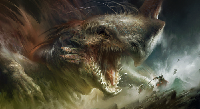 A monstrous dragon attacks a group of knights