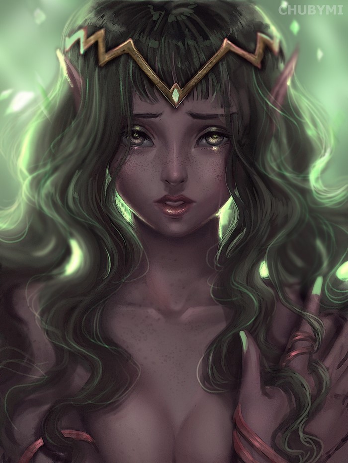 Fantasy elf princess with green hair and crown