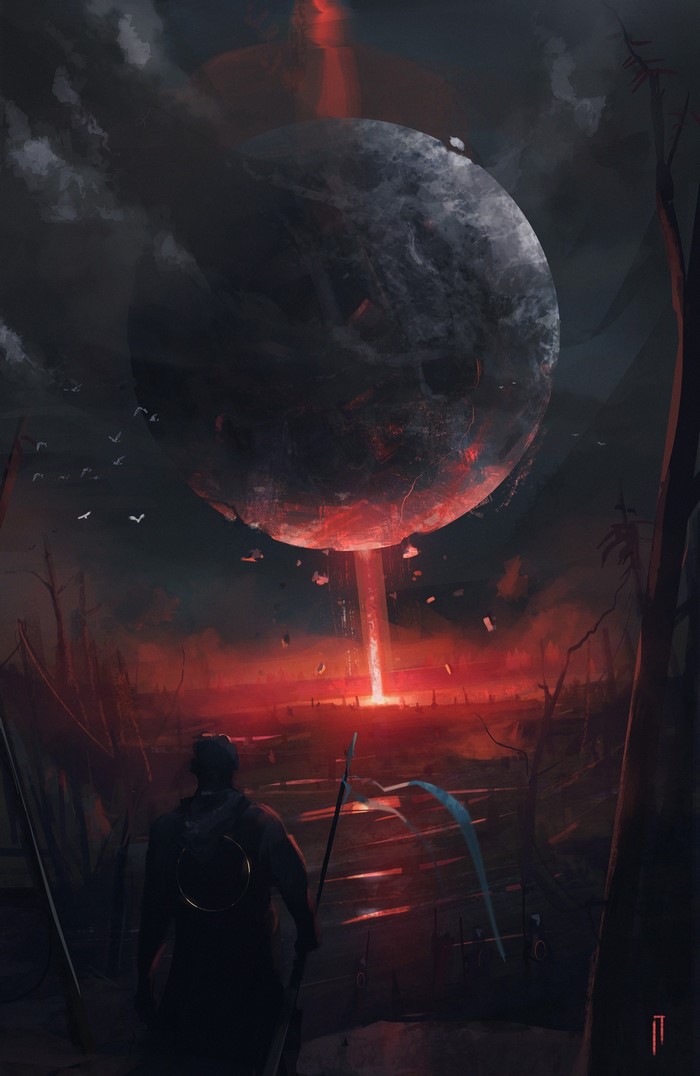 Apocalyptic planet with a figure observing