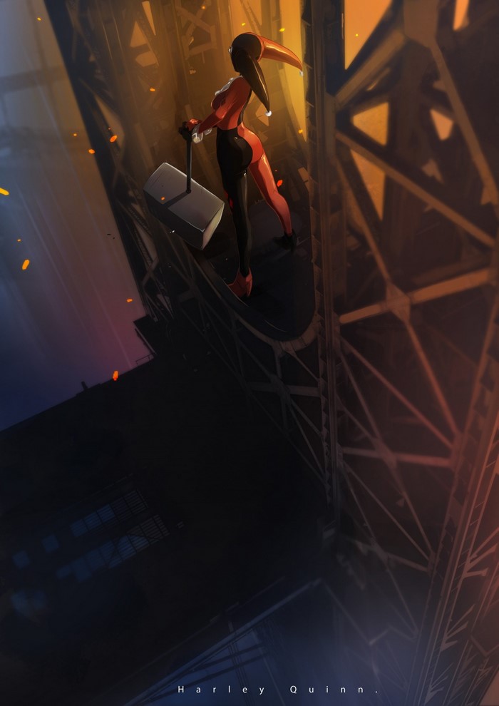 Harley Quinn with a hammer on a structure