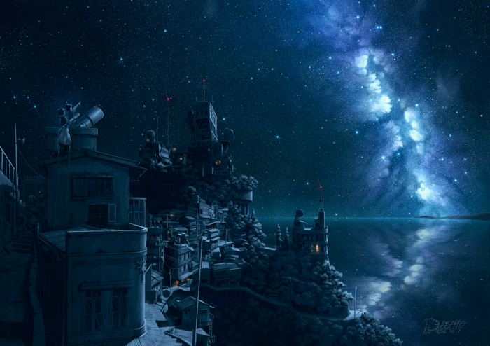 Coastal town under a starry night sky