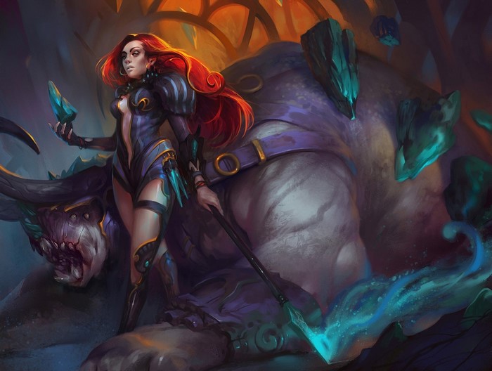 Woman with red hair and a monster