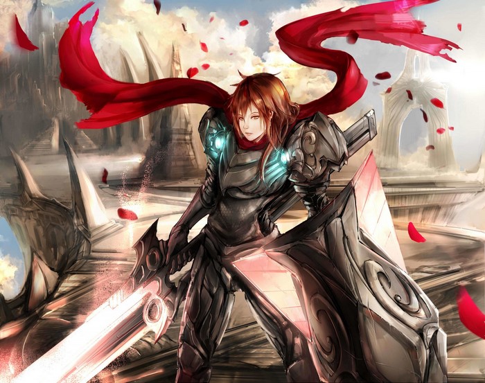 Anime warrior with sword and shield in fantasy armor