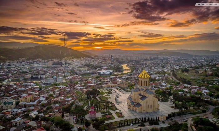 Aerial view of Tbilisi, Georgia at sunset
