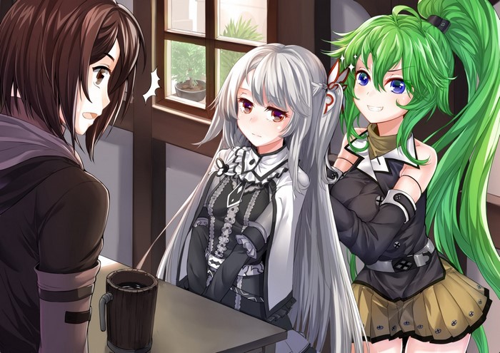 Three anime characters in a room with a window