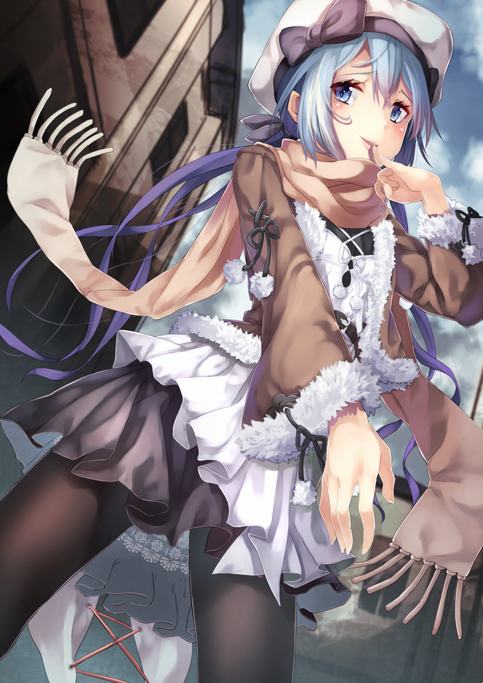 Anime girl with blue hair and blue eyes wearing a winter outfit