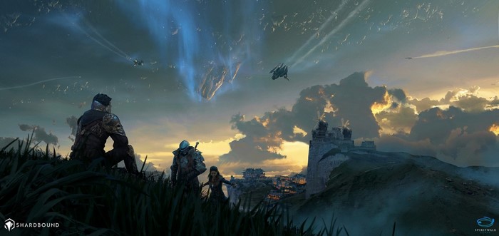 Fantasy art of people looking at a celestial event
