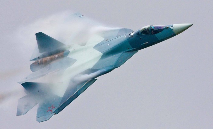 Sukhoi Su-57 fighter jet performing a maneuver