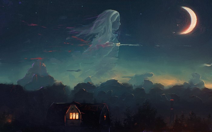 Ghostly figure in the night sky over a house