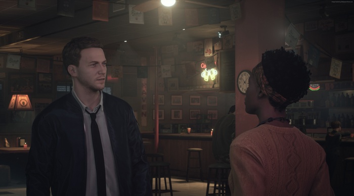 Man and woman in a bar in Twin Mirror 4K