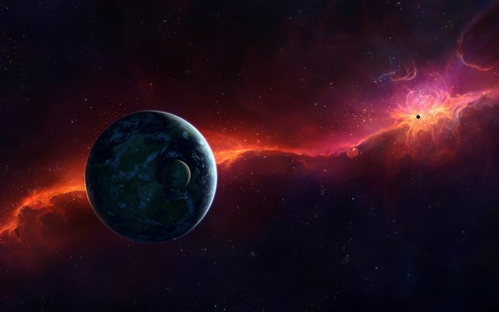 Planet and moon in colorful nebula