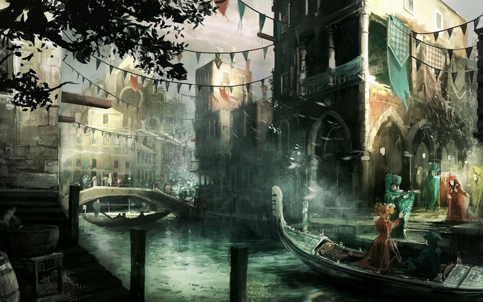 Assassin's Creed 2 Venice Canal with Gondola and Masked Figures