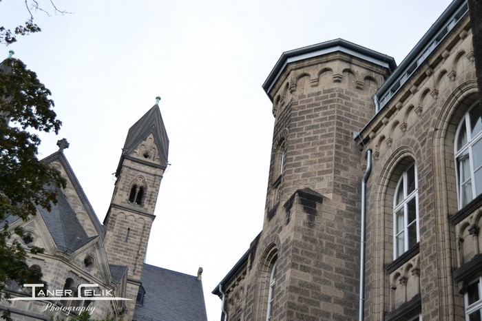 Church tower and building facade