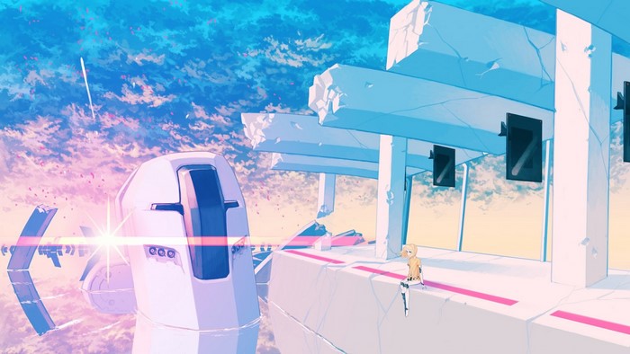 Anime illustration of a futuristic train station with a girl