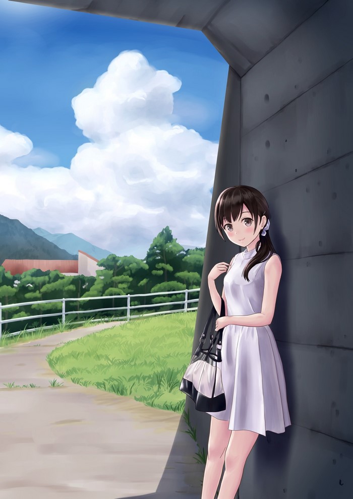 Anime girl in white dress with bag