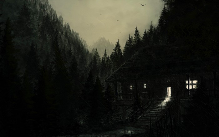 Dark forest with a cabin and birds