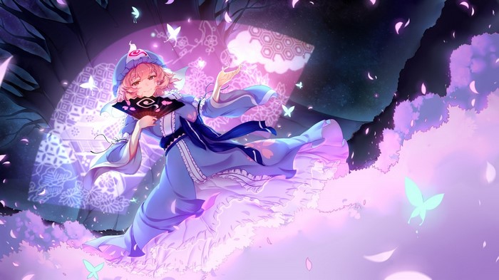 Saigyouji Yuyuko from Touhou holding a fan