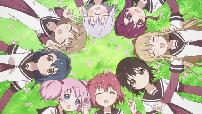 Yuru Yuri characters lying on grass