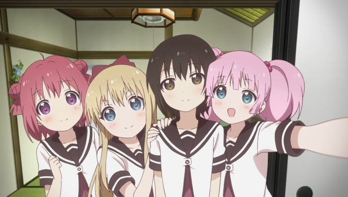 Four girls from Yuru Yuri taking a selfie