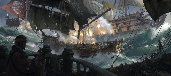 Artwork of pirate ships battling in rough seas