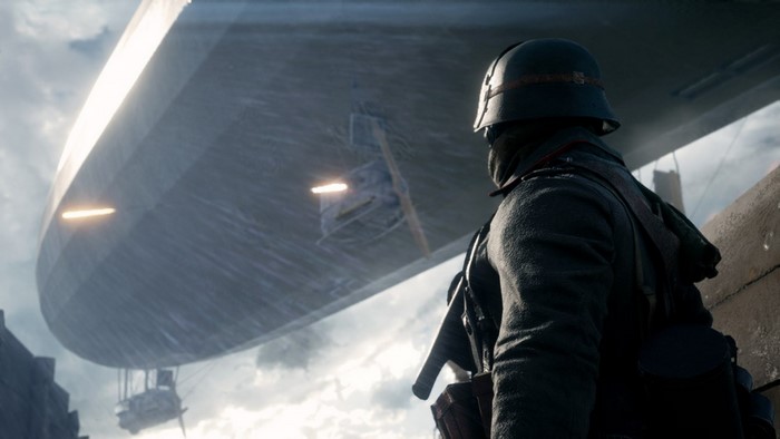 Soldier looks up at a zeppelin in Battlefield 1
