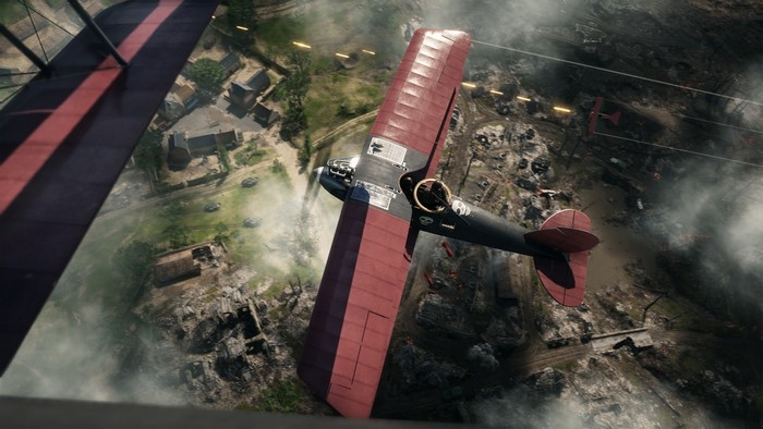 Biplane dogfight over a battlefield in Battlefield 1