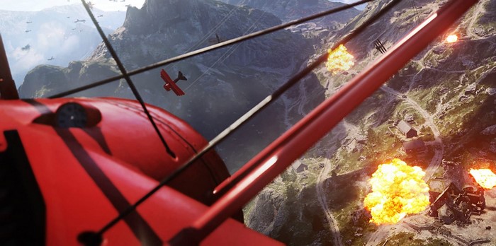 Battlefield 1 biplane dogfight over a village