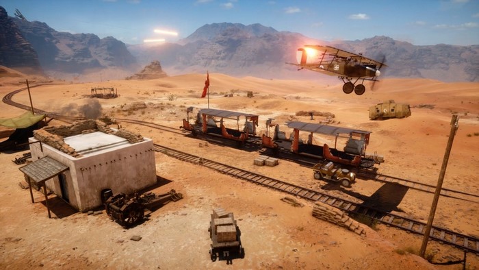 Battlefield 1 desert landscape with biplane and train