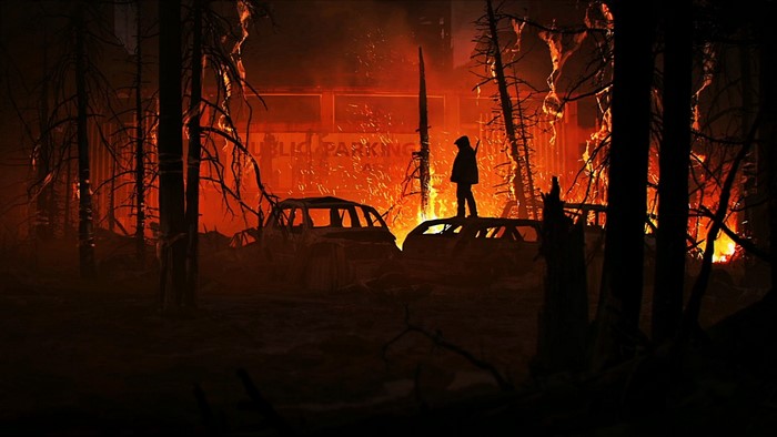 The Last of Us concept art: apocalyptic scene with fire and cars
