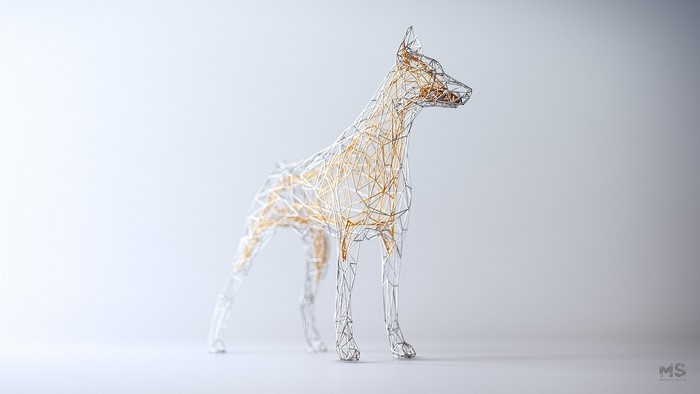 Wireframe Doberman Dog Sculpture by Mateusz Szulik