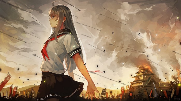 Anime girl in school uniform amidst a battle