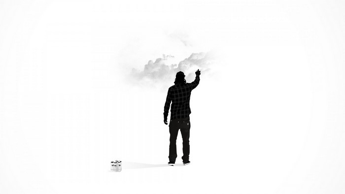 Man in plaid shirt pointing at clouds with spray cans