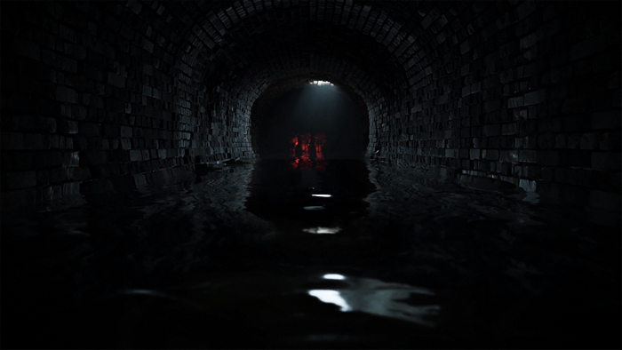 Figures in a dark, flooded tunnel