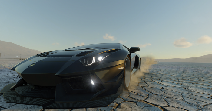 Black Lamborghini Aventador driving on cracked earth