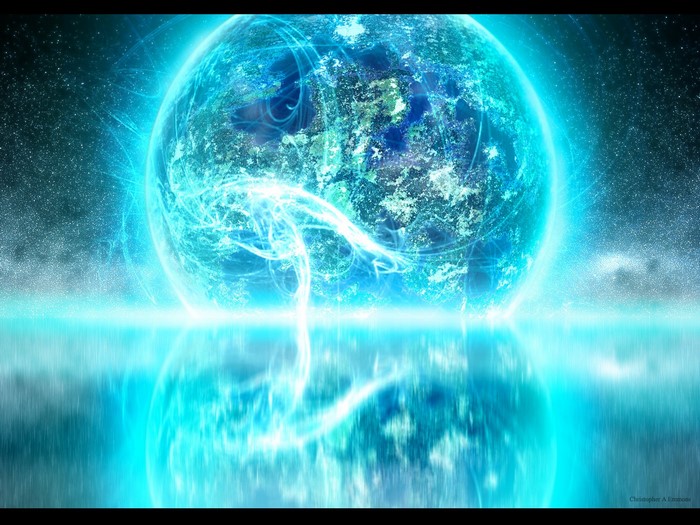 Glowing planet reflected in water under starry sky