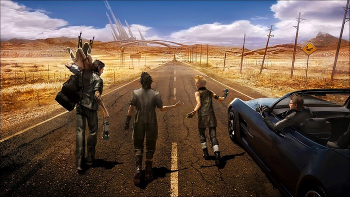 Final Fantasy XV characters on a desert road