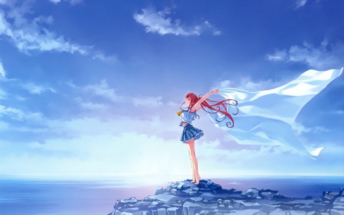 Anime girl with red hair on a cliff with flowing white cloth