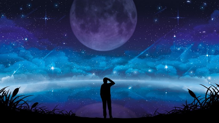 Silhouette of a person looking at a large moon and starry sky