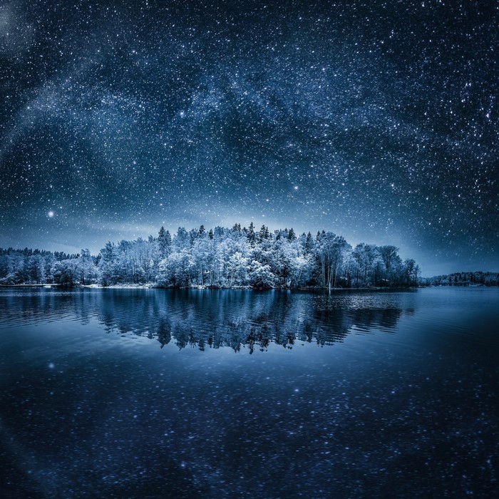 Winter forest reflected in a lake under a starry sky