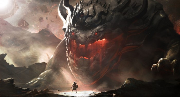 Giant monster with glowing mouth and a warrior