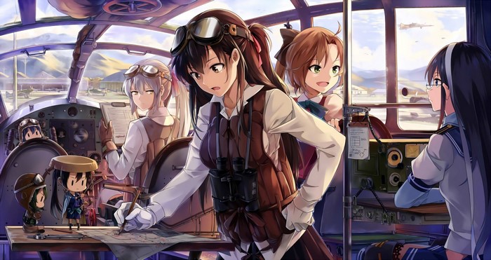 Anime girls in a cockpit with binoculars and maps