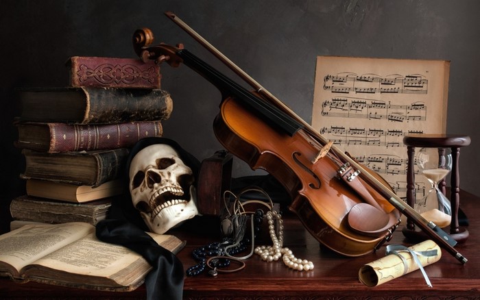 Still life with violin, skull, books, and hourglass
